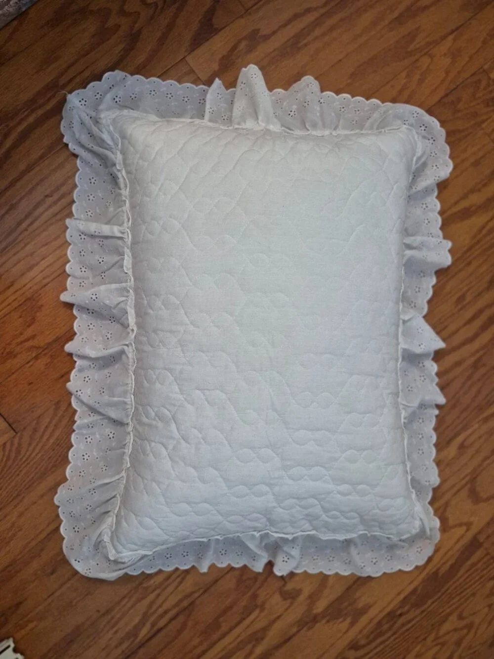 Pair White Cotton Eyelet Quilted Ruffled Pillow Shams Vintage Queen Cottagecore